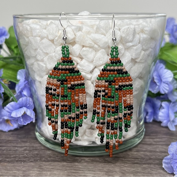 Handmade Jewelry - Womens Camo Glass Seed Bead Fringe Tassel Earrings Handmade
